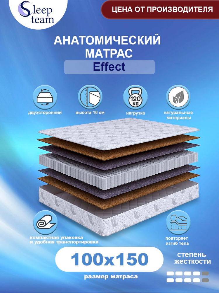 Матрас 100х150 пружинный SleepTeam Effect S600 c независимыми пружинами, высота 16см, односпальный #1