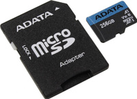 ADATA 256 ГБ Карта памяти microSDXC Premier (AUSDX256GUICL10A1-RA1), Class 10, запись - 10 Мбайт/сек, чтение - 100 Мбайт/сек, Черный, с адаптером SD