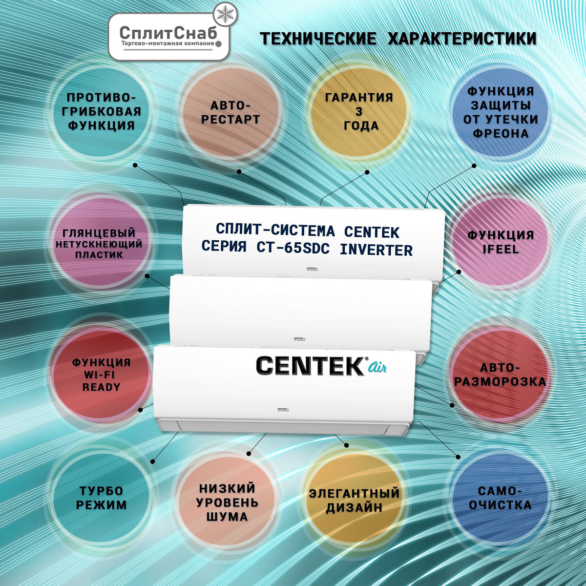 Сплит-система Centek CT-65SDC07+ - это отличное решение для создания комфортного микроклимата в помещении. Она обеспечивает охлаждение, обогрев, вентиляцию и осушение воздуха, что позволяет поддерживать оптимальную температуру и влажность в комнате. Основные характеристики сплит-системы Centek CT-65SDC07+: Тип: настенная сплит-система инверторная Режимы работы: охлаждение, обогрев, вентиляция, осушение Wi Fi (Дополнительная опция) модуль приобретается отдельно! Мощность охлаждения: 2,25 кВт Мощность обогрева: 2,35 кВт Уровень шума внутреннего блока: 24 дБ Уровень шума наружного блока: 50 дБ Тип хладагента: R410A Фильтры: антибактериальный, угольный, электростатический Управление: электронное, с помощью пульта ДУ Таймер включения/выключения Ночной режим Функция самодиагностики Функция авторестарта