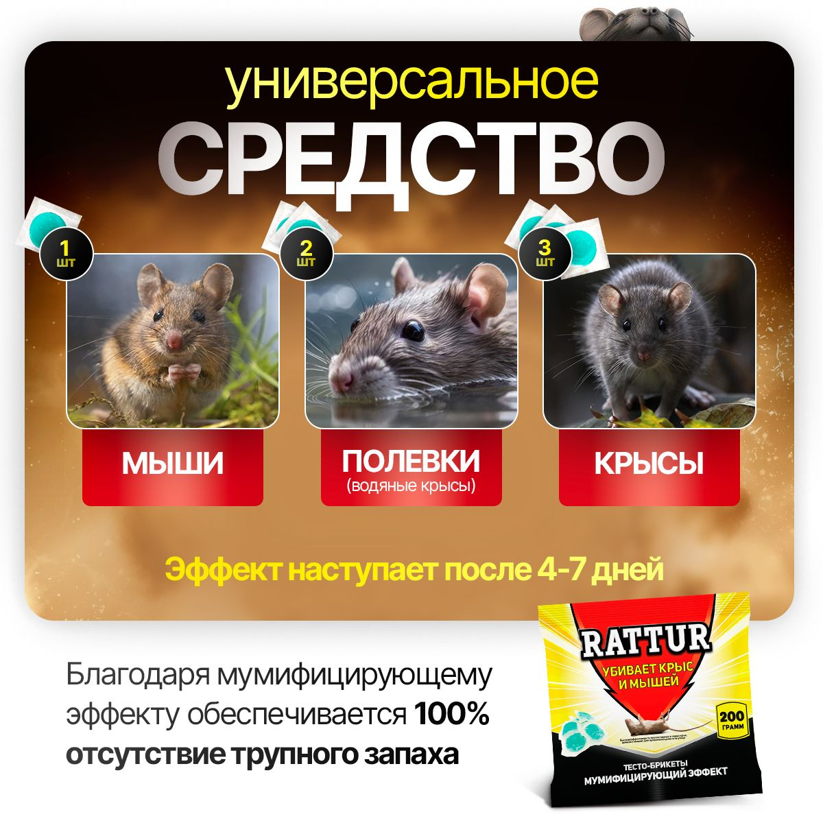 Убойная отрава для мышей и крыс, тесто-брикет 200 грамм, приманка для ...