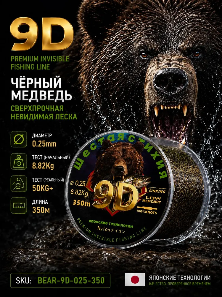 Леска для ультралайта 0.25мм 8.82кг 9D невидимка пятнистый хамелеон 350м для чистой воды, 8,82 кг, 350 м, фото 3