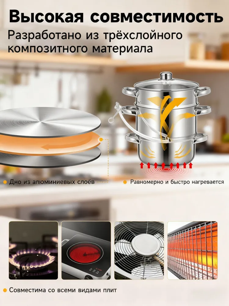 LICGHT Соковарка 3 яруса 7.98 л нержавеющая сталь, 7,98 л, фото 4