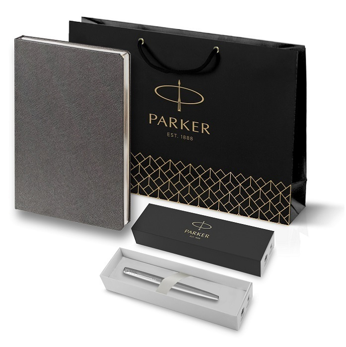 Подарочный набор: Ручка перьевая Parker Jotter Stainless Steel, ежедневник серый с серебряным срезом #1