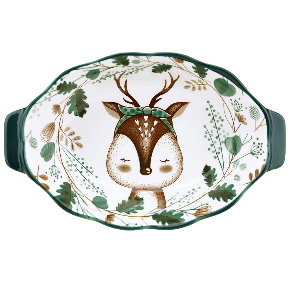 Блюдо сервировочное шубница, фарфоровое с ручками, 243х150х55мм - "Оленёнок" #1