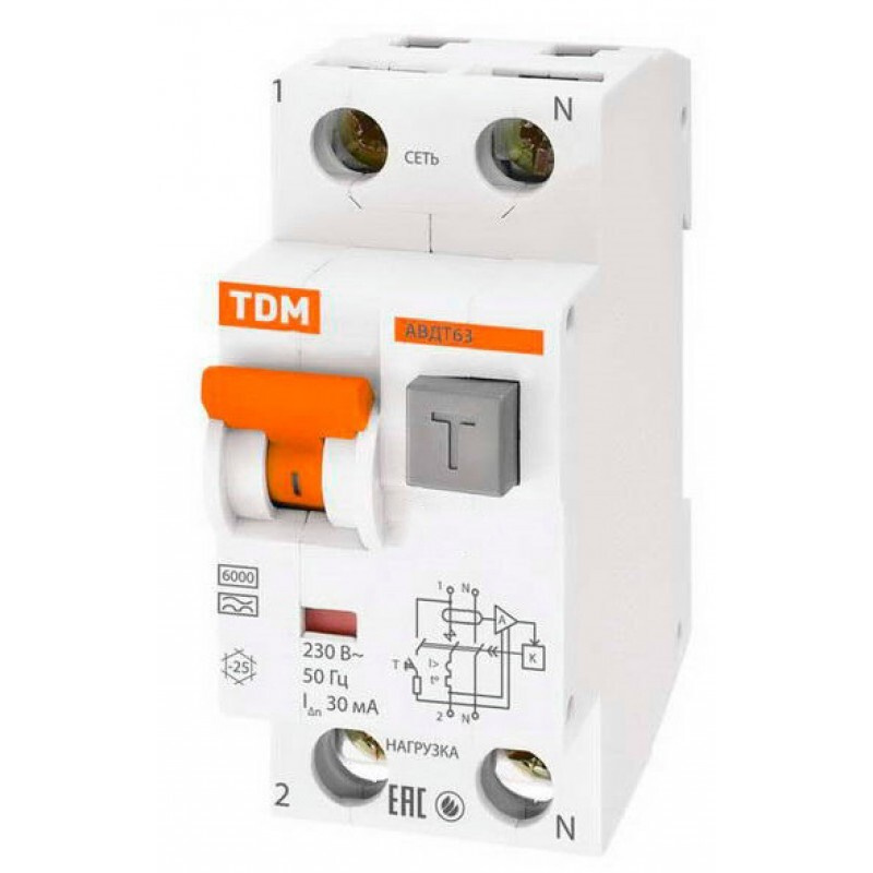 Купить Выключатель автоматический TDM Electric 63 2Р(1Р+N) C25 30мА 6кА ...