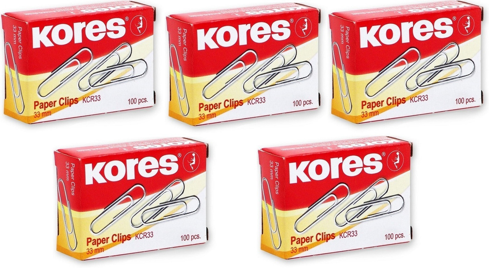 Скрепки Kores с отгибом, 33, никелевое, овальная, 5 упаковок по 100 штук, в картонной коробке (серебристый) #1