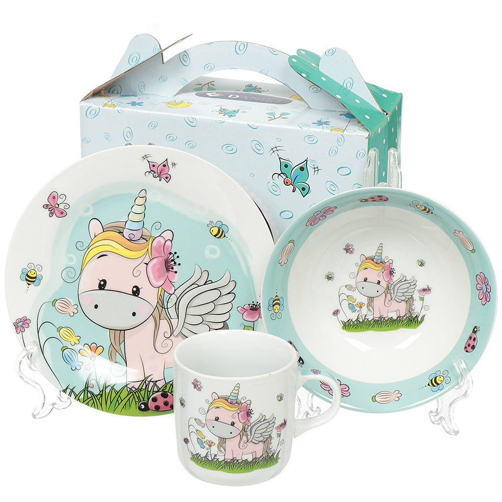 Набор детской посуды керамический, 3 предмета, тарелка, салатник, кружка, Daniks, Единорог  #1