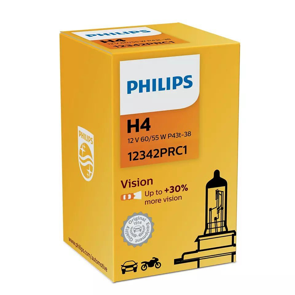 Лампа автомобильная галогеновая H4 Philips Vision 12V 60/55W P43t-38  12342PRC1