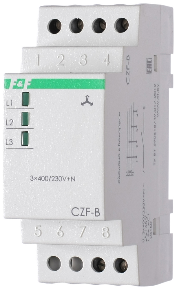 Реле контроля фаз CZF-B 3х400/230+N 8А 1перекл. IP20 монтаж на DIN-рейке F&F EA04.001.002  #1