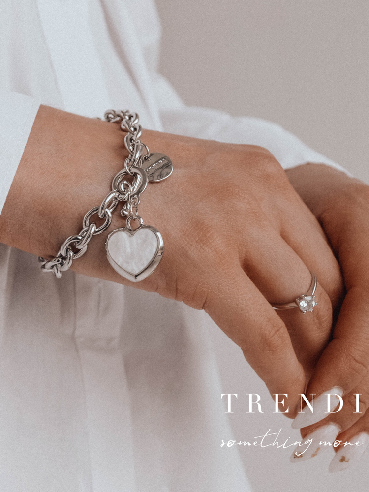Браслет на руку женский Trendi подвеска - медальон перламутровое сердце под серебро  #1