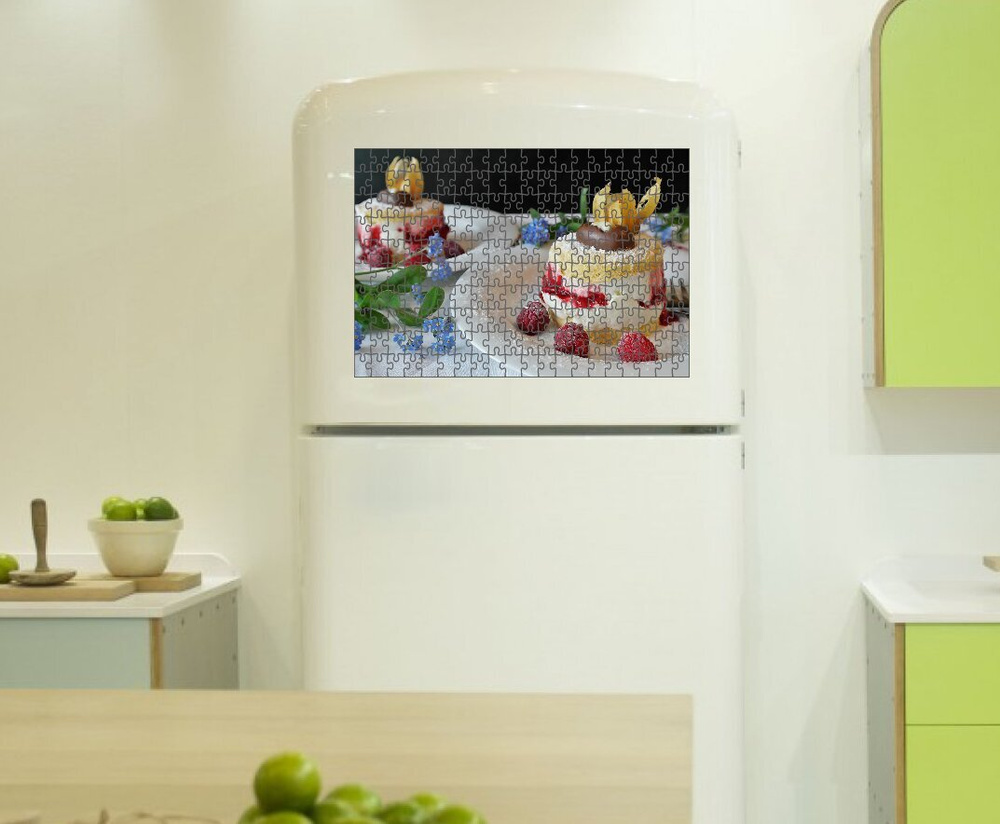 Магнитный пазл 38x26см."Бисквит, торты, разрезы тортов" на холодильник ...