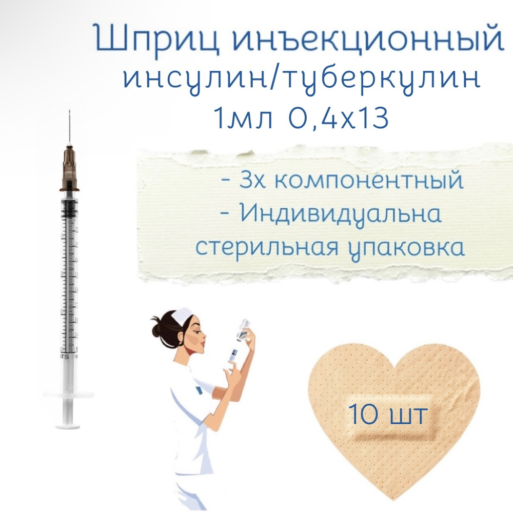 Шприцы медицинские для инъекций инсулиновые 1 мл U-100 / 0,4х13 - 10 ...