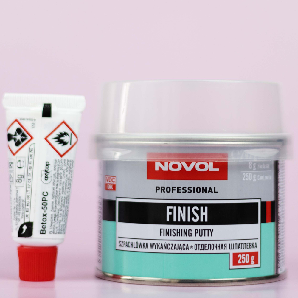 Шпатлевка автомобильная полиэфирная 250г Novol FINISH Professional  Finishing Putty белая + отвердитель / Автошпатлевка финишная / Шпаклевка  для машины ...