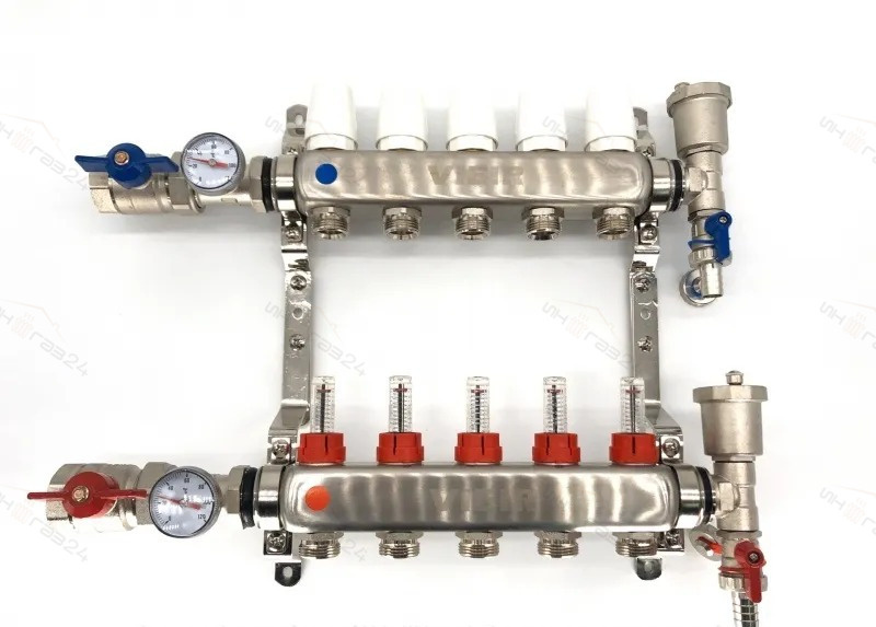 Коллектор для теплого пола в сборе 5 контуров VIEIR НЕРЖ. С КРАНАМИ 1"x3/4"  #1