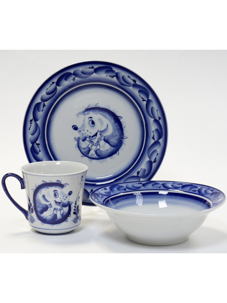 Набор детской посуды. Гжельская роспись. Ежик. Фарфор. 3 предмета ...