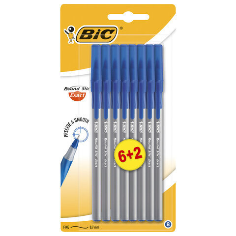 Ручки шариковые с грипом BIC "Round Stic Exact", НАБОР 6+2 шт., СИНИЕ, линия письма 0,28 мм, блистер #1