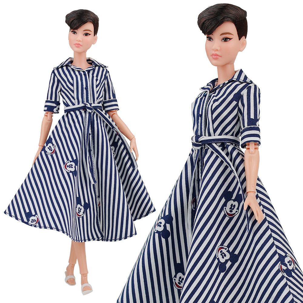 Платье-рубашка в сине-белую полоску с микки для кукол 29 см одежда для куклы типа Барби, Poppy Parker, #1