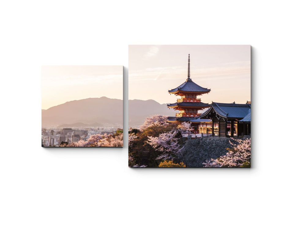 Картина модульная на стену для интерьера с изображением природы, моря,  города, пейзажа, абстрактная на холсте, панно Цветение сакуры храм  Киёмидзу-дэра Киото Япония - купить по выгодной цене в интернет-магазине  OZON (677565835)