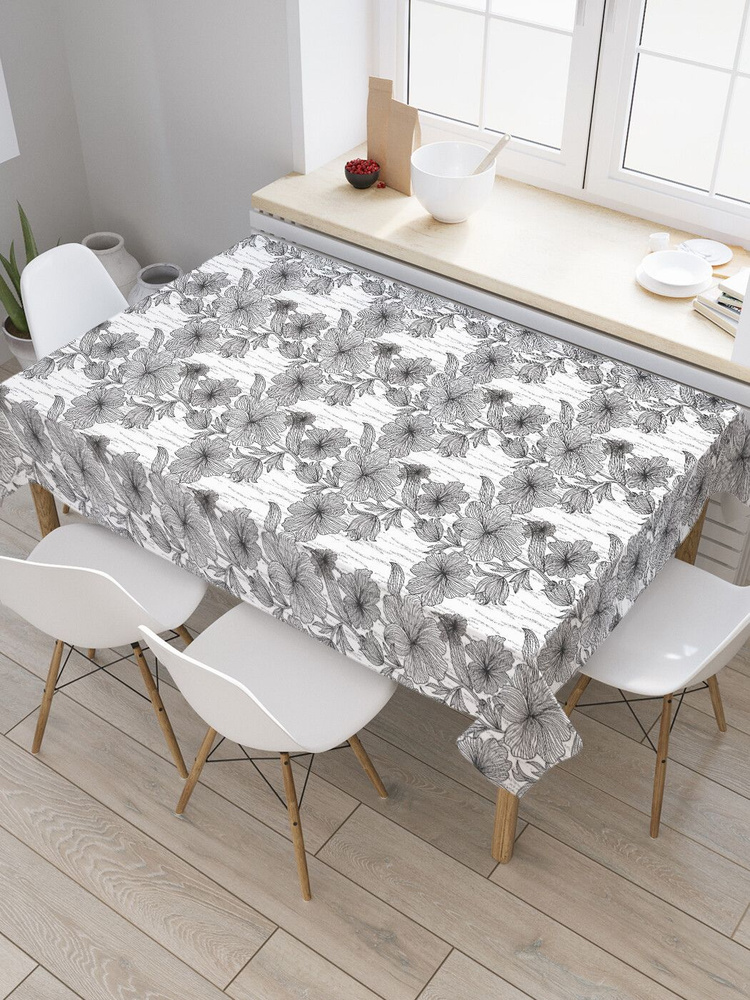 Прямоугольная водоотталкивающая тканевая скатерть на стол JoyArty с рисунком "Графические цветы дудл" #1