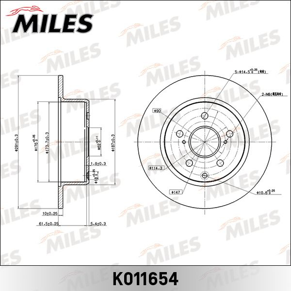 K011654 Диск тормозной MILES для TOYOTA MARK,CHASER,CRESSIDA,CRESTA ...