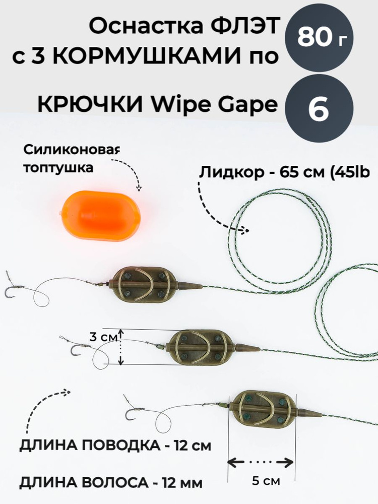 Монтаж Флэт 3 кормушки 80 гр с крючком Wide Gape 6 с быстросъёмом и силиконовой пресс-формой Ручной работы; #1