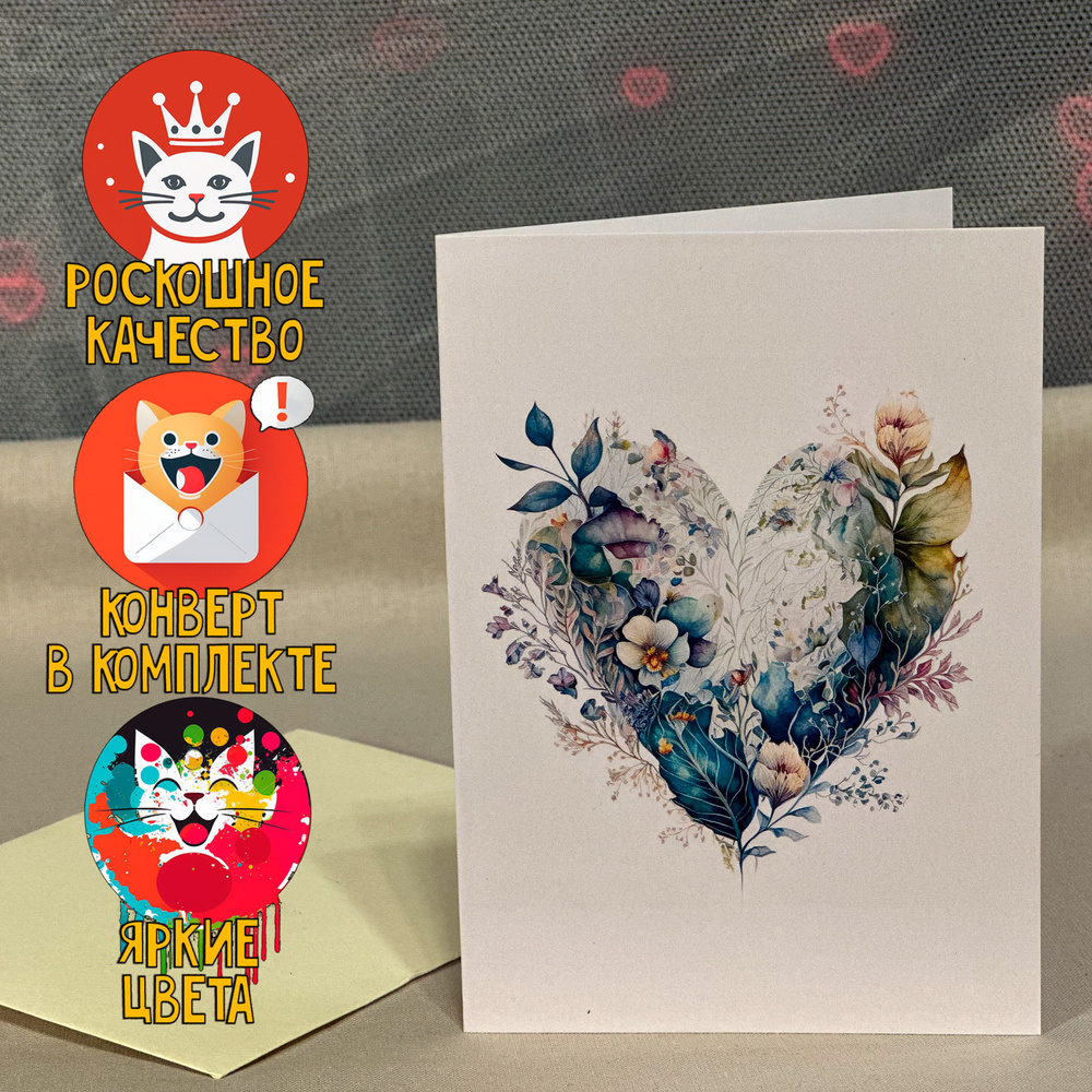 "Сердце из белых цветов": роскошная 10x15 см подарочная открытка без ...