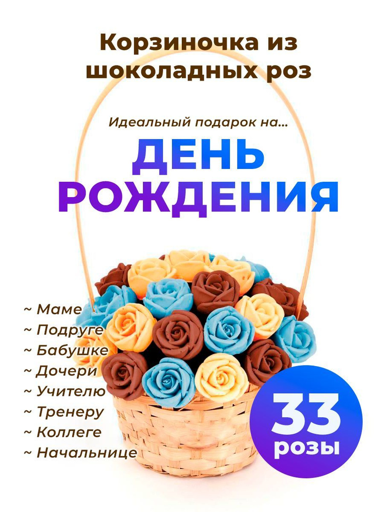 33 шоколадные розы CHOCO STORY в корзинке - Голубой, Оранжевый и Коричневый Бельгийский шоколад, 396 #1
