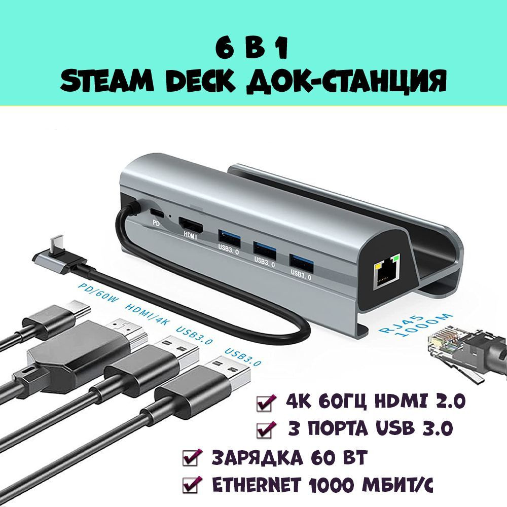 Док станция для Steam Deck, подставка - зарядное устройство 6 в 1 серая ...