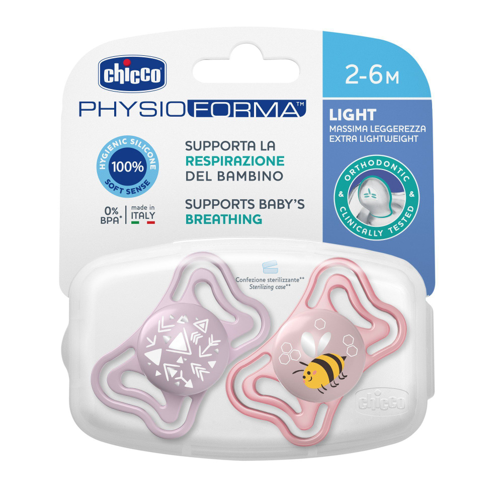 Chicco пустышка Physio Light,2шт.,2-6мес.,силикон, Pink, рис. пчелка, стрелочки  #1