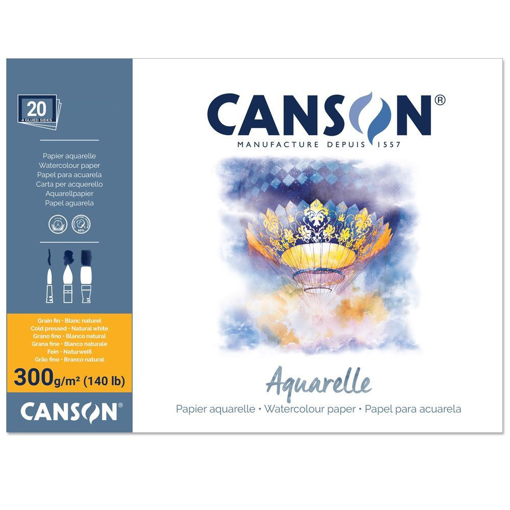 CANSON Aquarelle CP Fine альбом (блок склейка по 4 сторонам) для акварели, 60% хлопка 36x50см 300г/м, #1