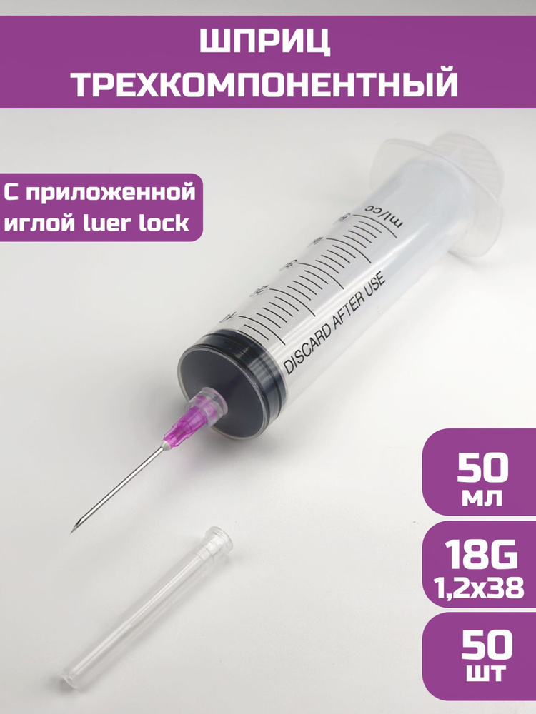 Шприц медицинский одноразовый стерильный 3-х комп. 50 мл. с приложенной ...