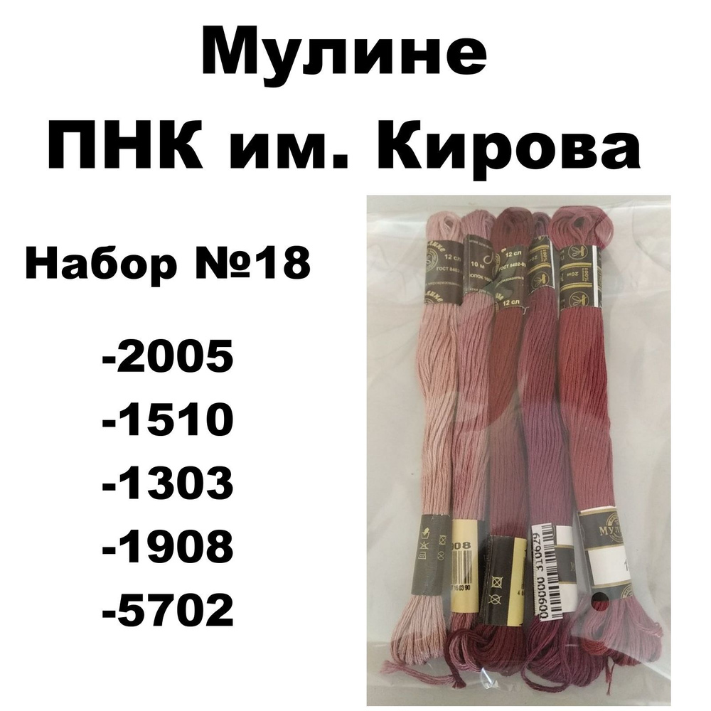 Нитки мулине ПНК им. Кирова для вышивания / Набор №18 / цвета 2005, 1510, 1303, 1908, 5702  #1