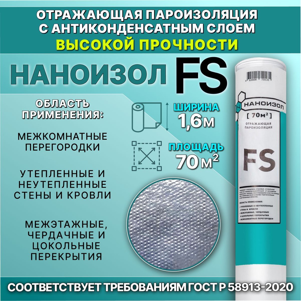 Отражающая пароизоляция НАНОИЗОЛ FS (ФС) с антиконденсатным слоем 70 м2