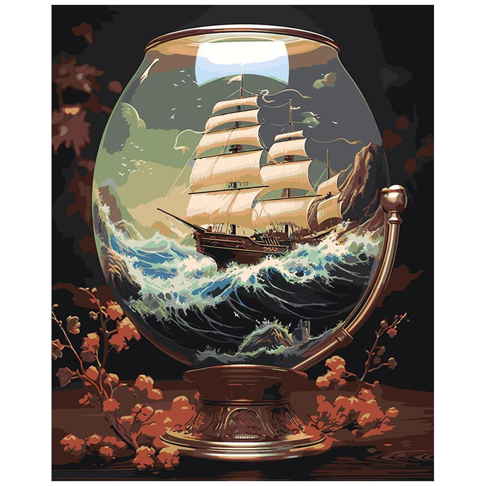 Картина по номерам Цветное на холсте с подрамником "Море: Корабль-парусник в бокале" Раскраска 40x50 #1