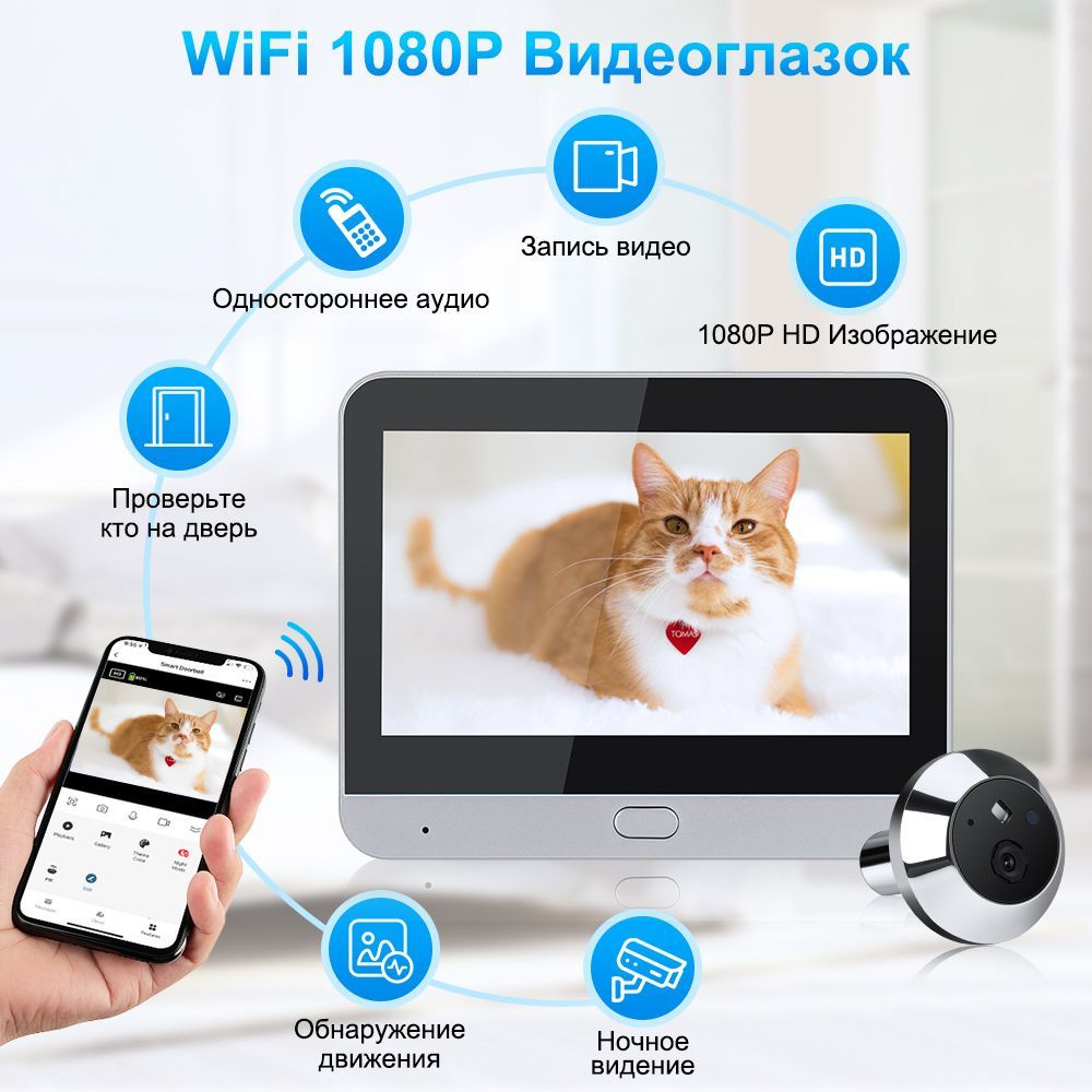 Видеоглазок для входной двери wifi, 1920x1080 купить по низким ценам в  интернет-магазине OZON (1209900519)