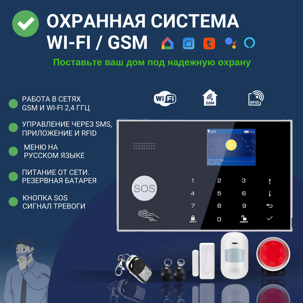 Беспроводная охранная сигнализация для дома и офиса с GSM/Wi-Fi, комплект сигнализации  Око Плюс с подключением к умному дому Smart Life (Tuya Smart), Комплект 3  ИК датчика, 3 датчика двери (окна) - купить