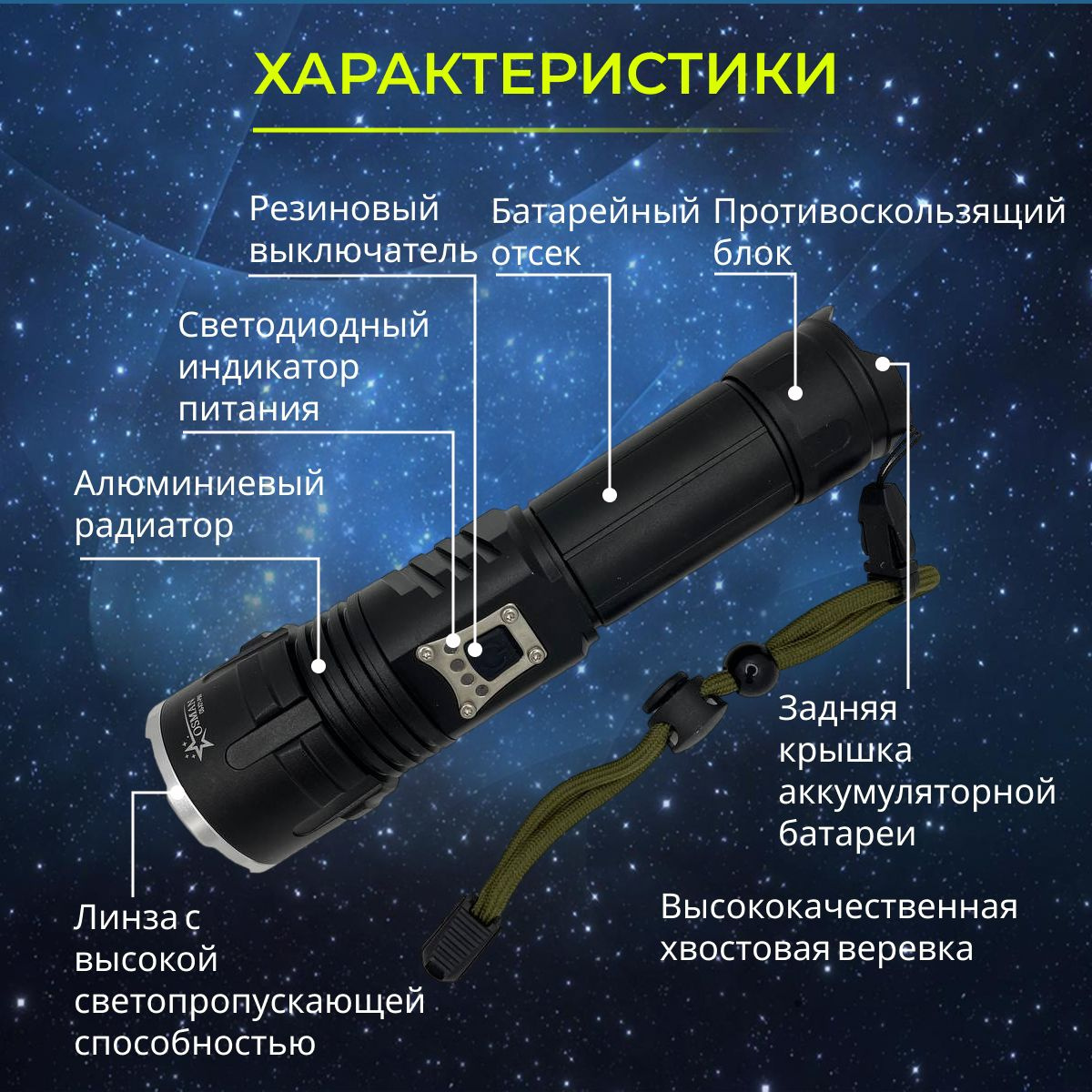 Фонарь аккумуляторный с индикатором заряда, тактический, ручной с зумом ...