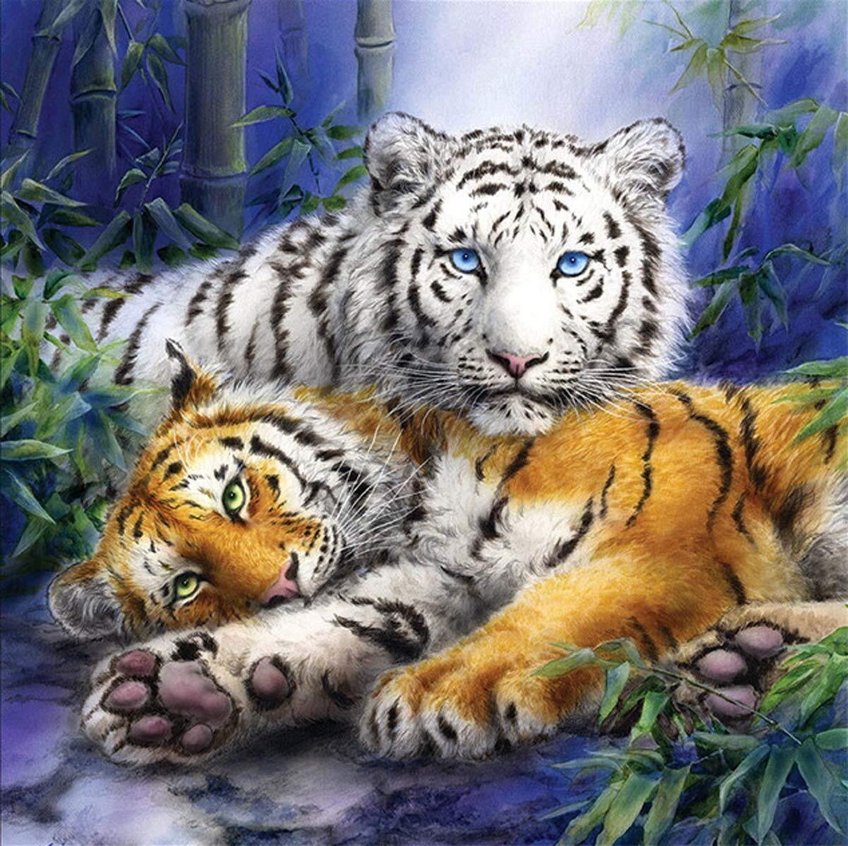 Алмазная мозаика на подрамнике 40x50. Тигры, полное заполнение.
