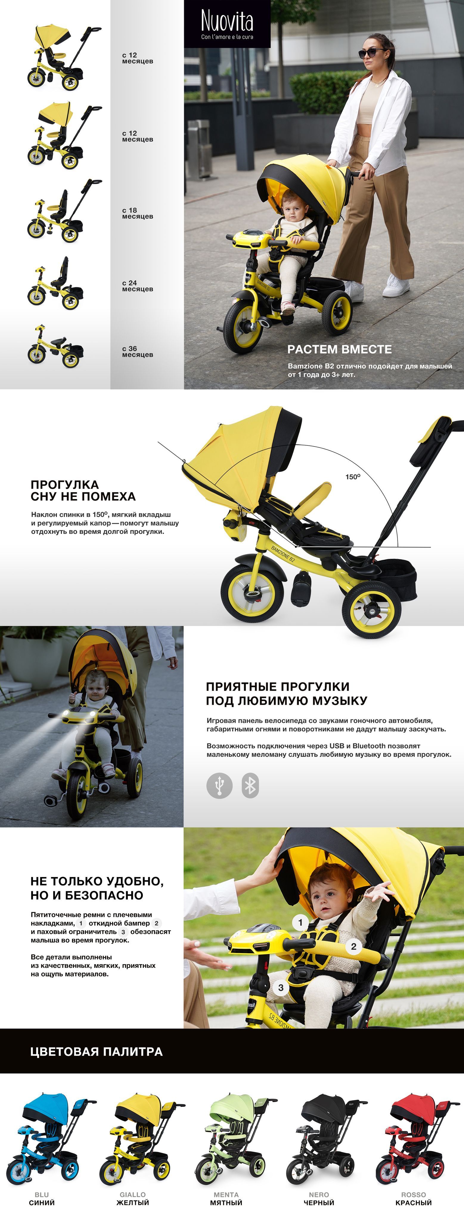 Велосипед-коляска Nuovita Bamzione B2 трехколесный детский прогулочный ...