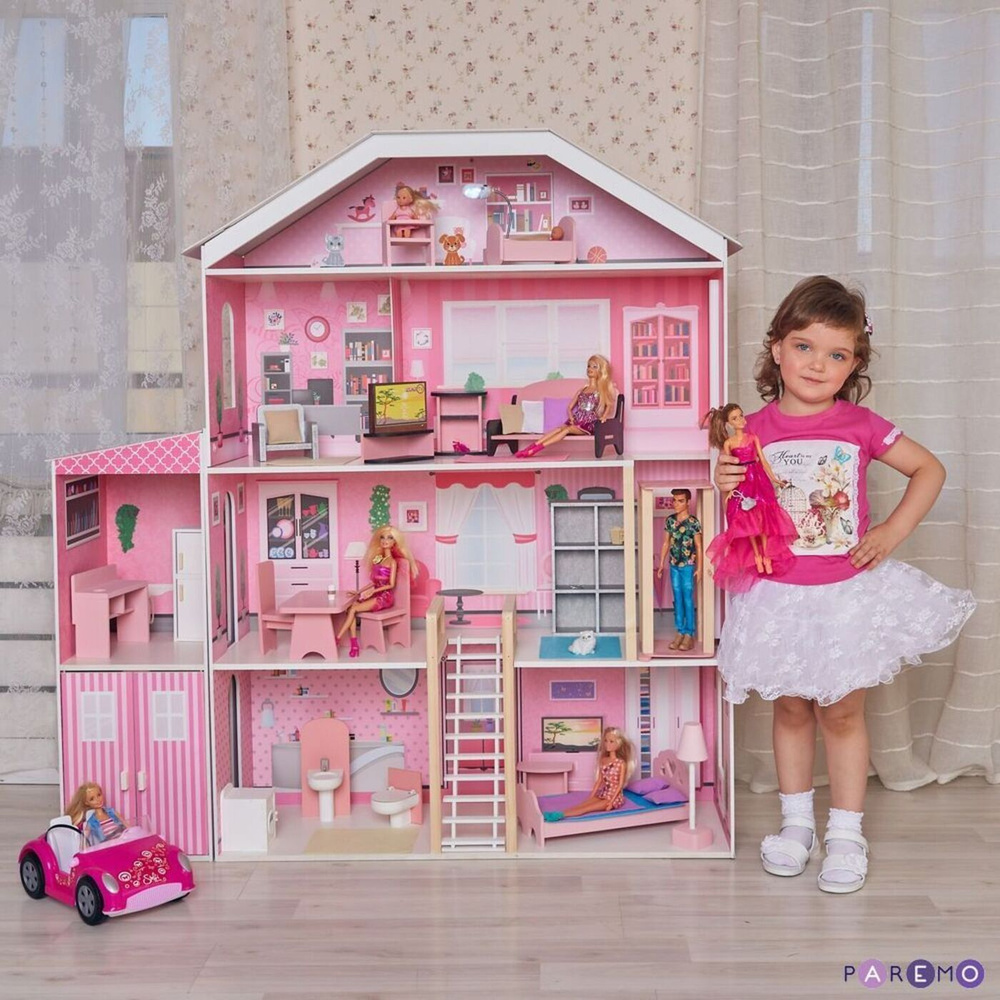 Деревянный кукольный домик "Поместье Розабелла", с мебелью 23 предмета в наборе и с гаражом, для кукол #1