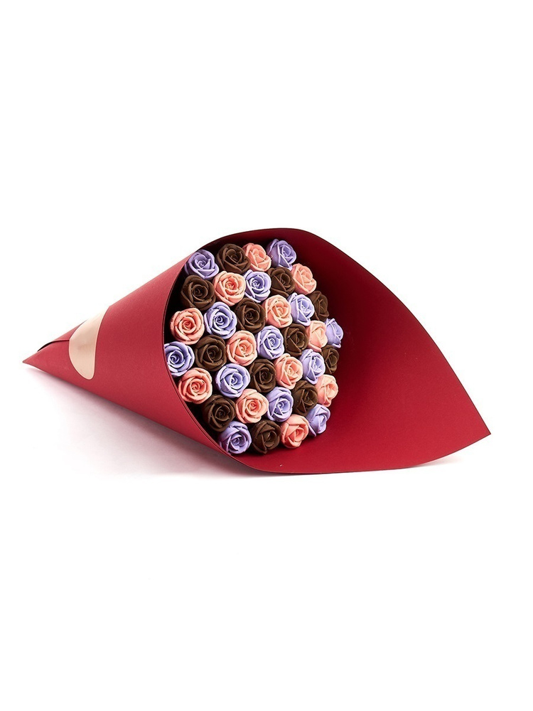 Букет из 37 розочек CHOCO STORY, в Красной подарочной обертке: Фиолетовый, Розовый и Шоколадный микс #1