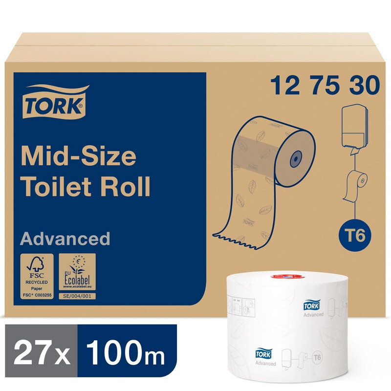 Бумага туалетная д/дисп Tork Mid-size Т6 Advanced 2сл бел 100м 27рул 127530  #1