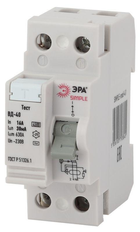 Выключатель дифференциального тока (УЗО) 2п 16А/30мА ВД-40 (электронное) SIMPLE-mod-41 ЭРА Б0039261  #1