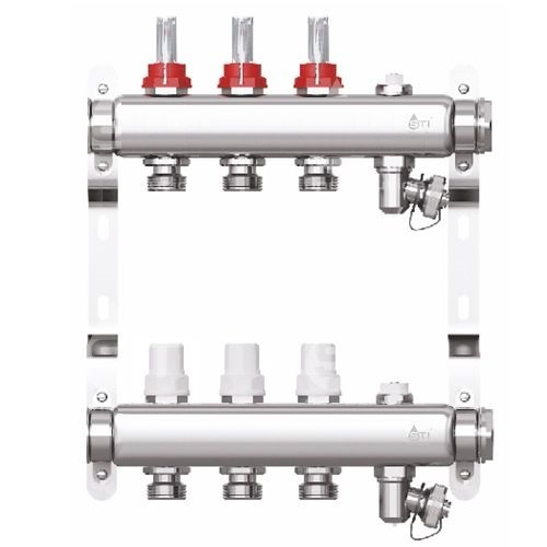 Коллектор для теплого пола на 3 выхода с расходомерами, из нержавеющей стали STI (в комплекте: клапана #1