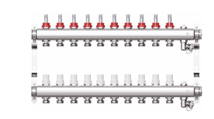Коллектор для теплого пола на 10 выходов с расходомерами, из нержавеющей стали STI (в комплекте: клапана #1