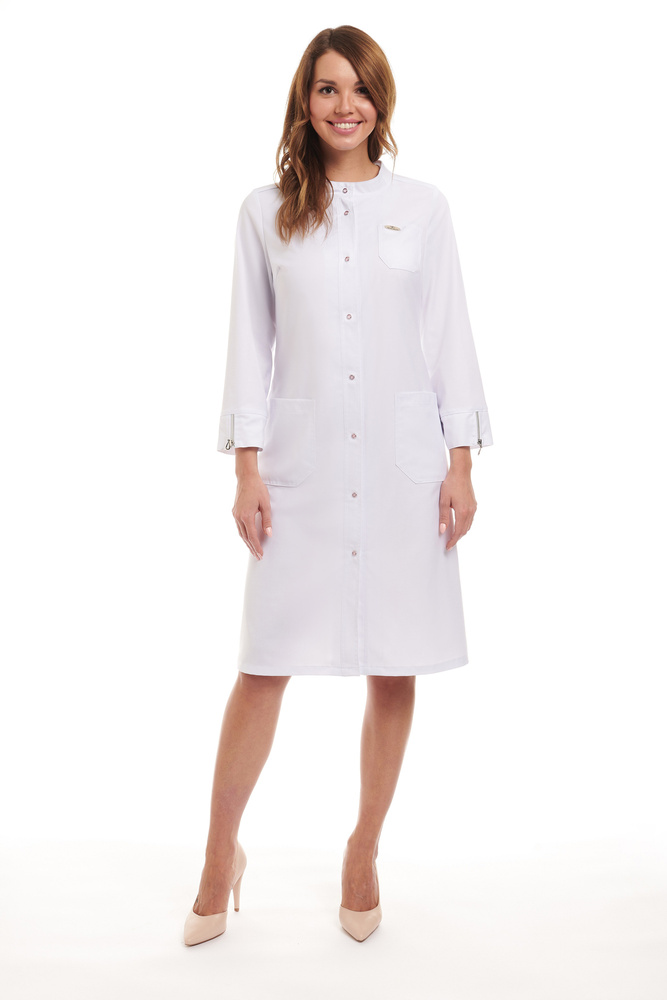 Медицинская одежда женская. Халат белый стильный с рукавом 7/8 на кнопках летний. Одежда медработников. #1