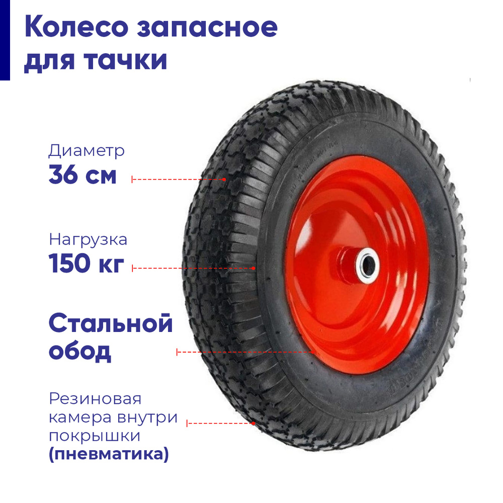 Колесо запасное для тачки 3.25/3.00х80 диаметр 360 мм, пневматическое с шариковым подшипником  #1