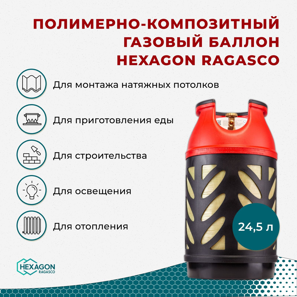 Композитный газовый пропановый бытовой баллон 24,5 л Hexagon Ragasco для  барбекю, пикника, дачи и горелки портативный Пустой