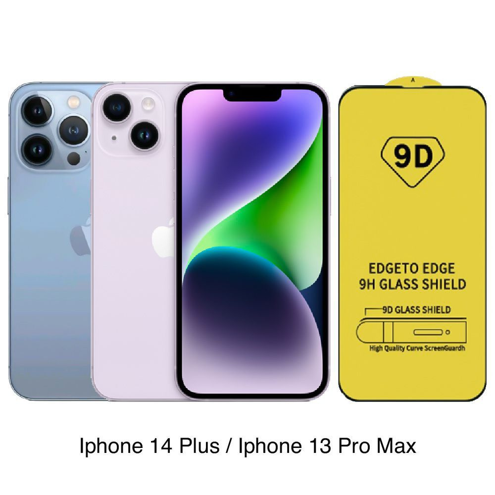 Универсальное противоударное защитное стекло 9D для IPHONE 13PRO MAX,  IPHONE 14 PLUS, АЙФОН 13ПРО МАКС, АЙФОН 14 ПЛЮС, противоударное стекло для  защиты дисплея с чёрной рамкой и полной проклейкой - купить с