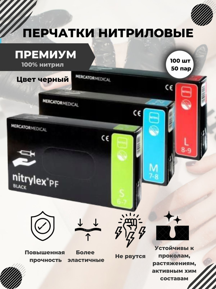 Nitrylex, перчатки нитриловые, черные, размер M, 100 штук #1